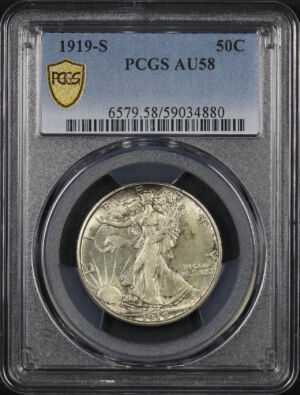 Obverse of this 1919-S Walking Liberty Half Dollar PCGS AU-58