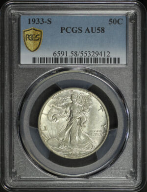 Obverse of this 1933-S Walking Liberty Half Dollar PCGS AU-58