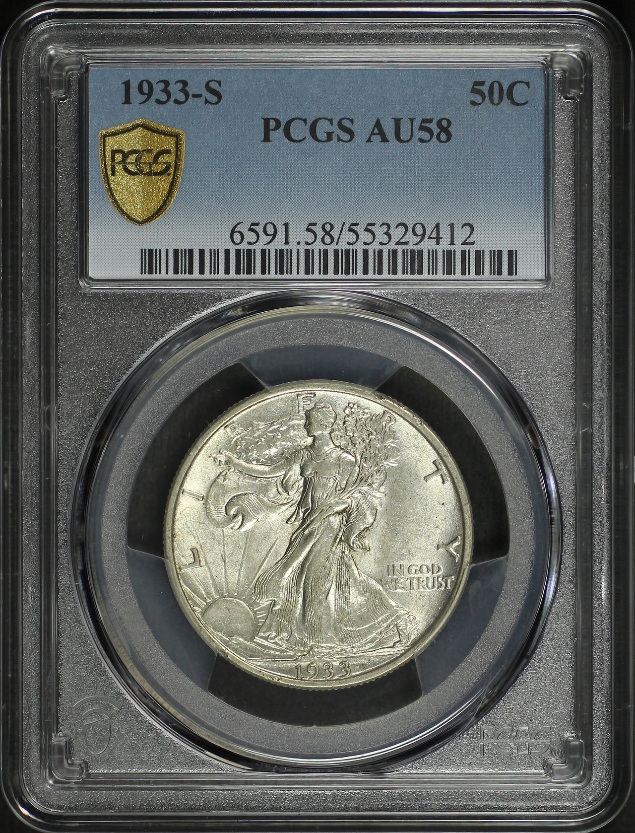 Obverse of this 1933-S Walking Liberty Half Dollar PCGS AU-58