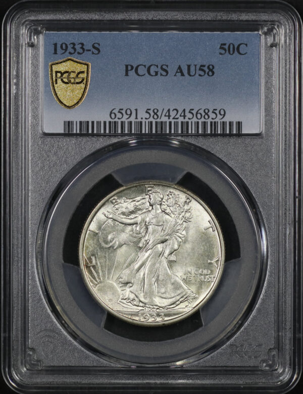 Obverse of this 1933-S Walking Liberty Half Dollar PCGS AU-58