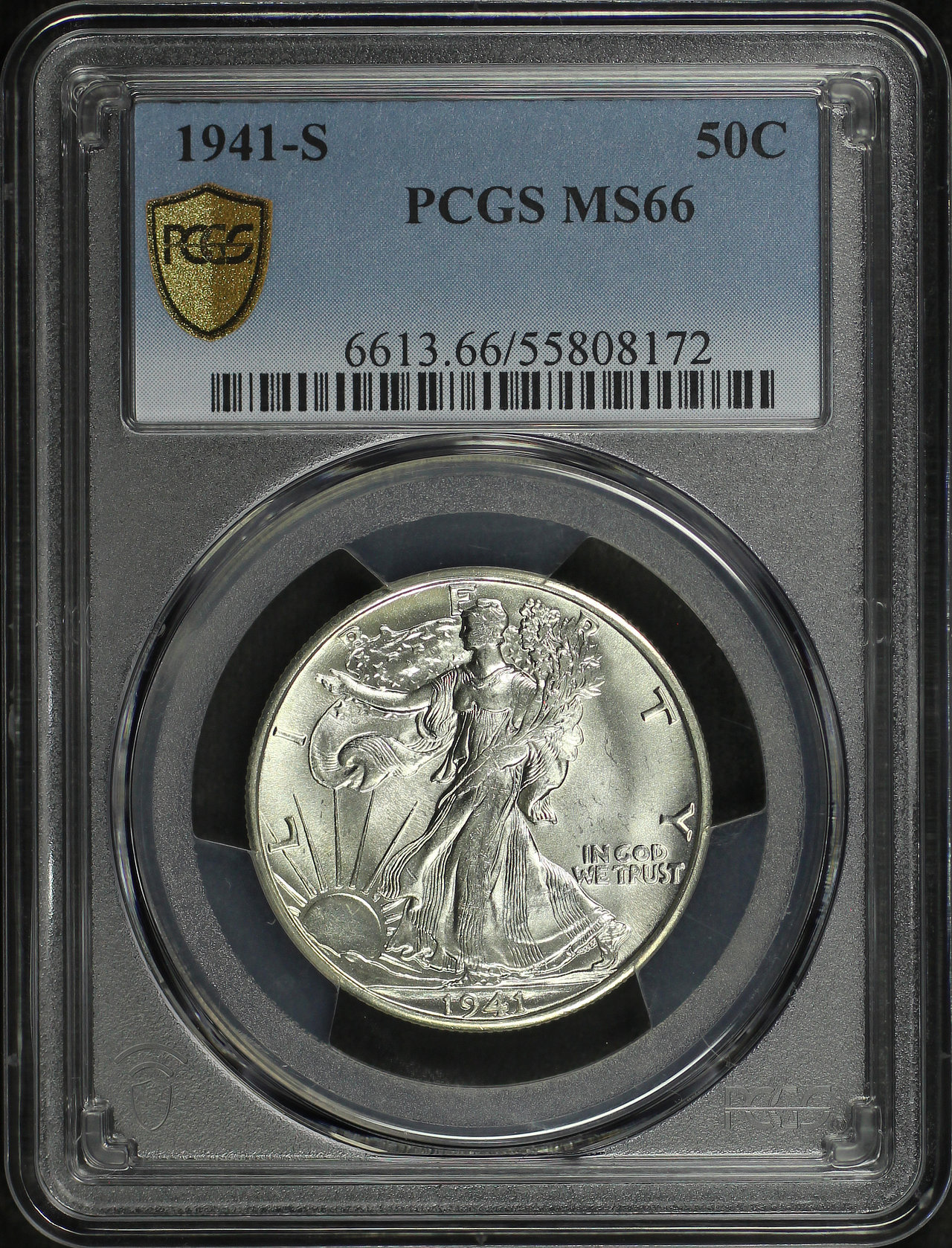 Obverse of this 1941-S Walking Liberty Half Dollar PCGS MS-66