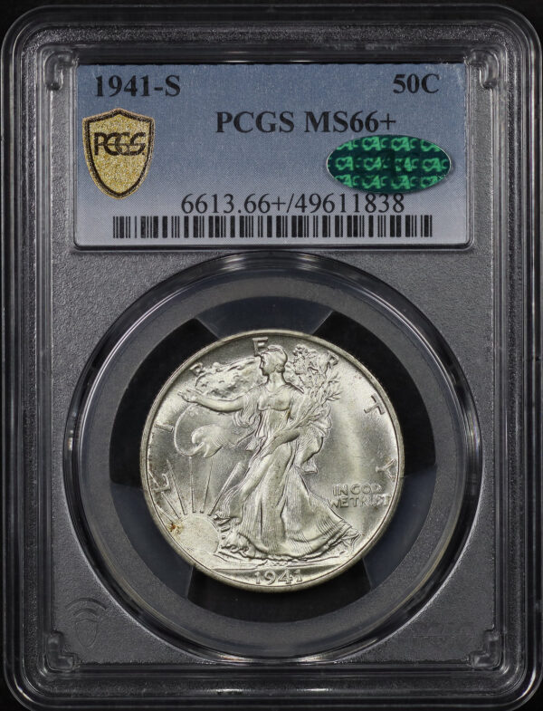 Obverse of this 1941-S Walking Liberty Half Dollar PCGS MS-66+