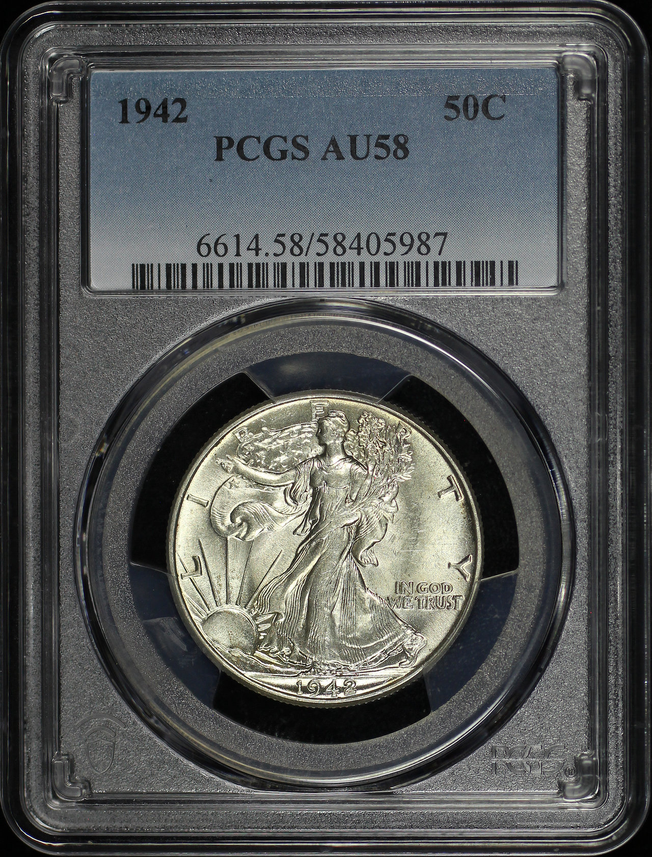 Obverse of this 1942 Walking Liberty Half Dollar PCGS AU-58