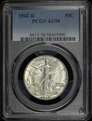 Obverse of this 1942-D Walking Liberty Half Dollar PCGS AU-58