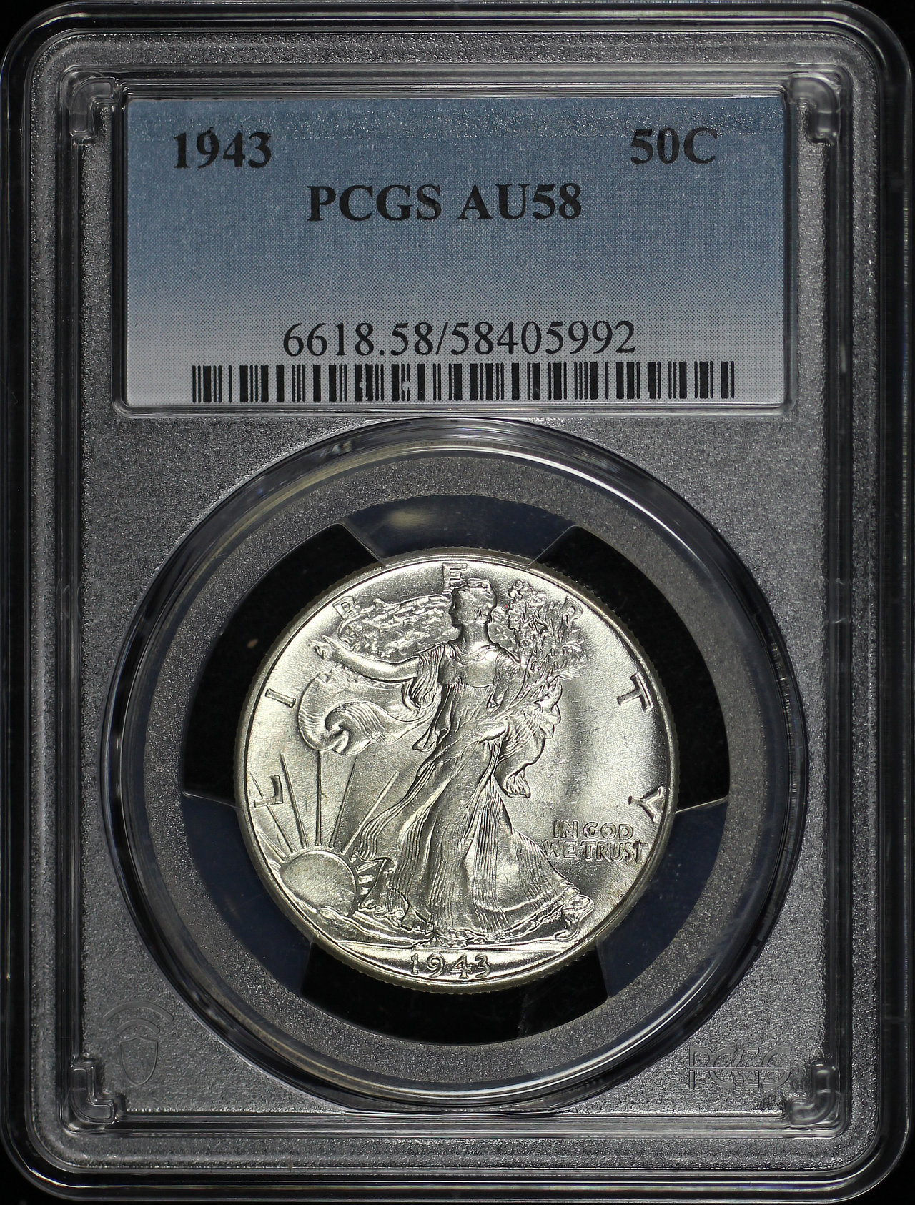 Obverse of this 1943 Walking Liberty Half Dollar PCGS AU-58