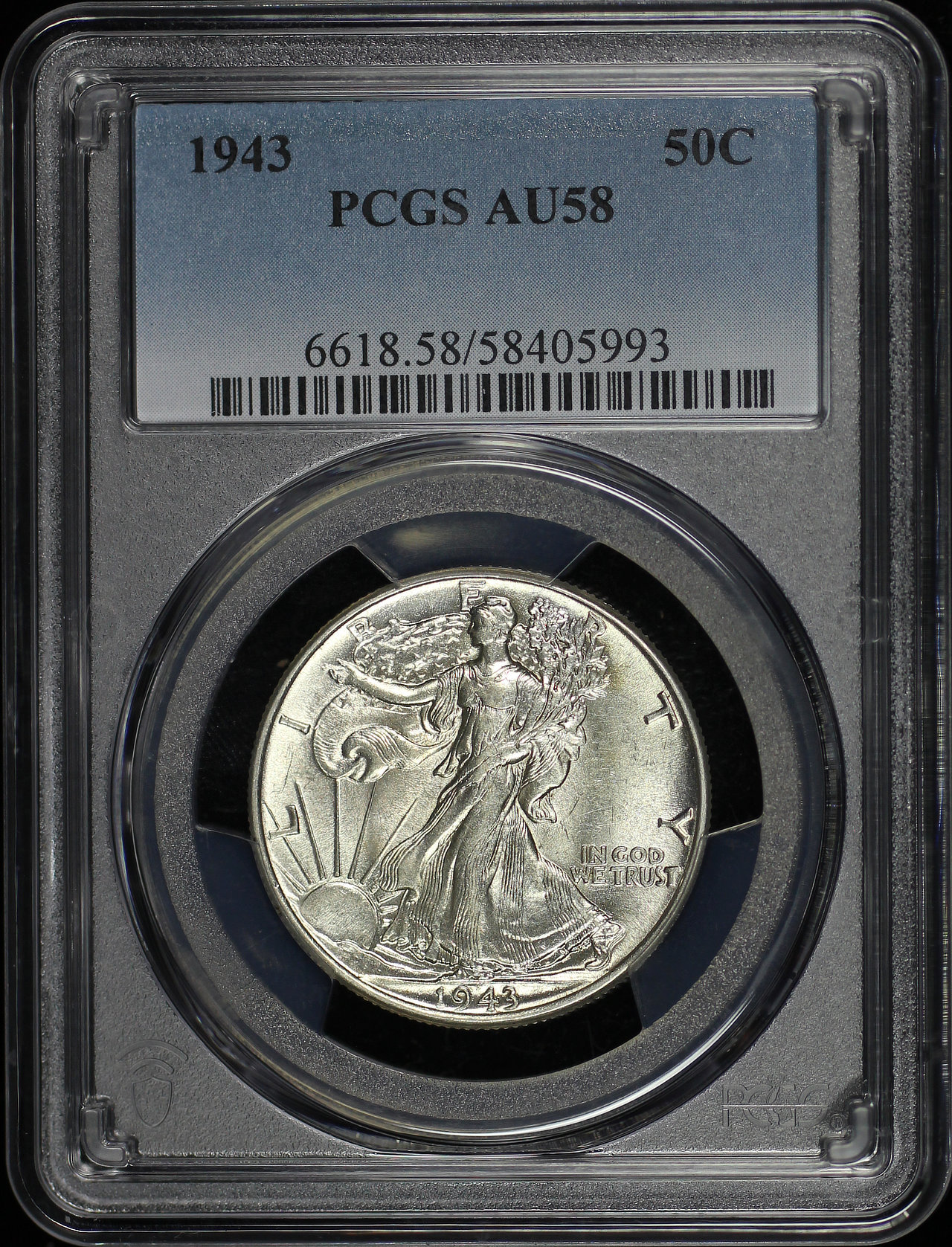Obverse of this 1943 Walking Liberty Half Dollar PCGS AU-58
