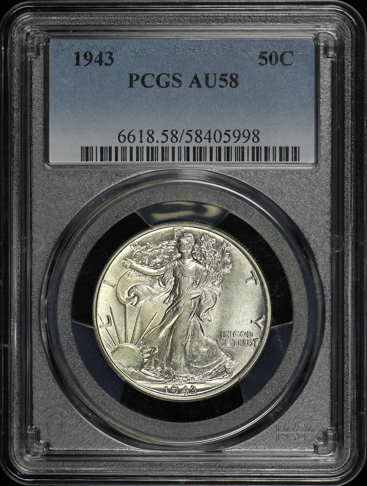Obverse of this 1943 Walking Liberty Half Dollar PCGS AU-58