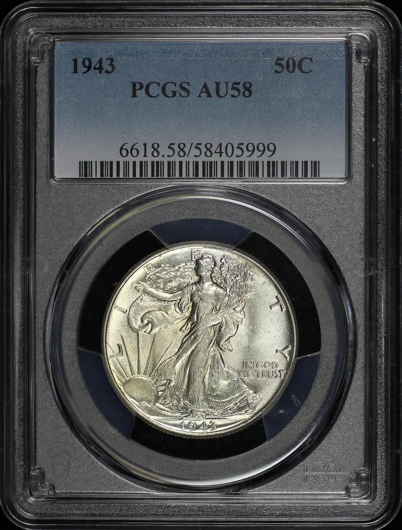 Obverse of this 1943 Walking Liberty Half Dollar PCGS AU-58