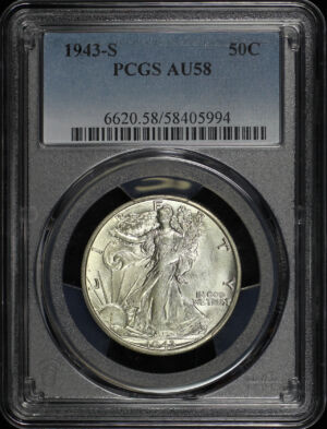 Obverse of this 1943-S Walking Liberty Half Dollar PCGS AU-58