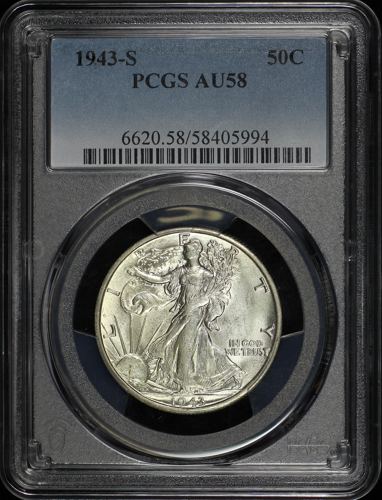 Obverse of this 1943-S Walking Liberty Half Dollar PCGS AU-58