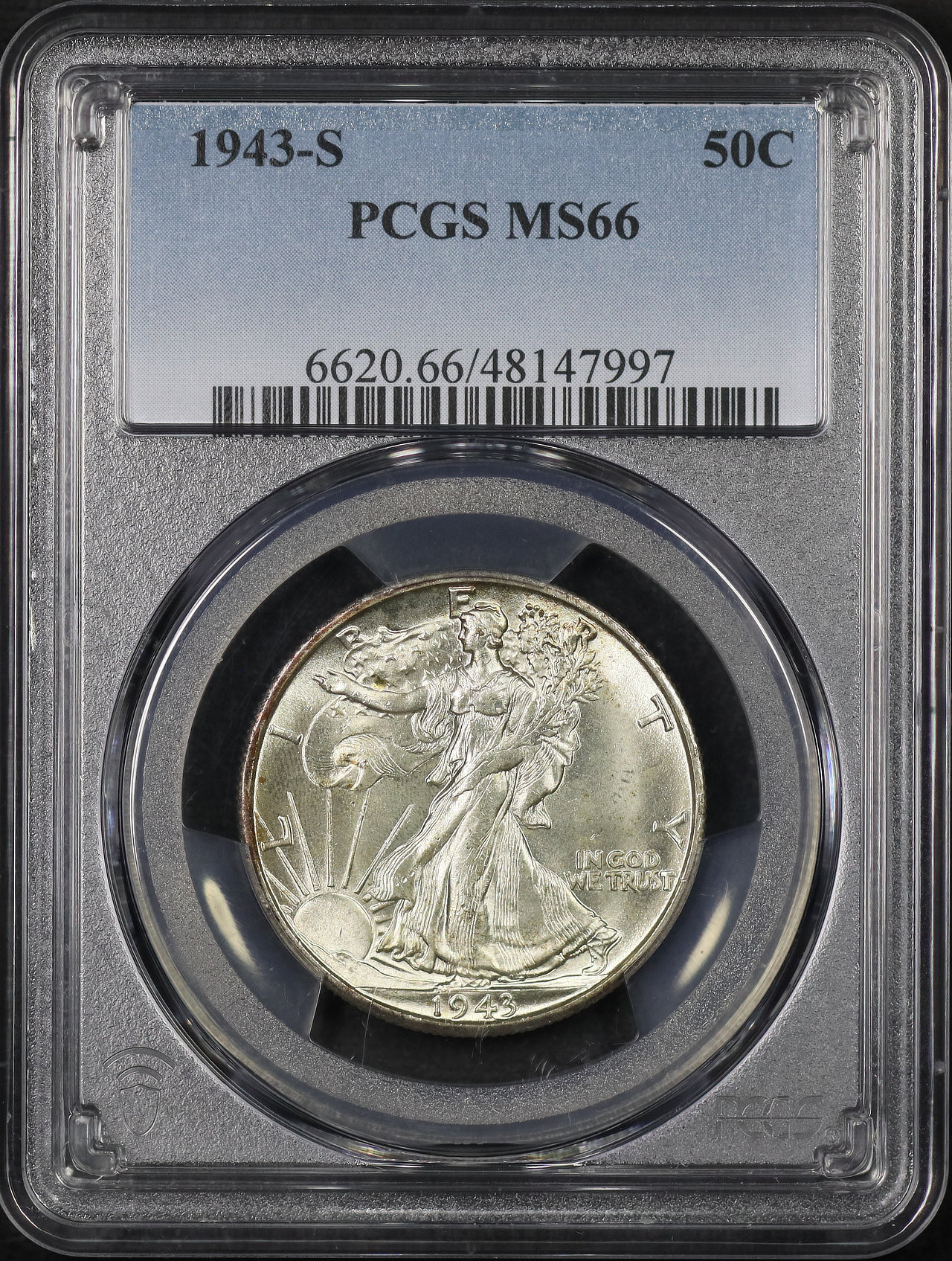 Obverse of this 1943-S Walking Liberty Half Dollar PCGS MS-66