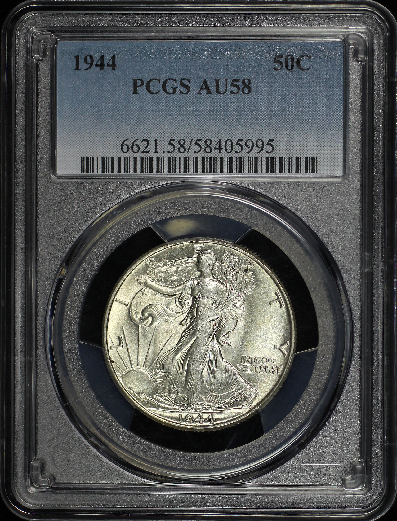 Obverse of this 1944 Walking Liberty Half Dollar PCGS AU-58