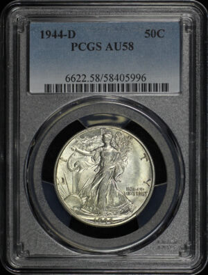 Obverse of this 1944-D Walking Liberty Half Dollar PCGS AU-58