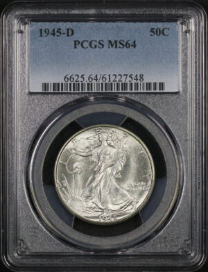Obverse of this 1945-D Walking Liberty Half Dollar PCGS MS-64