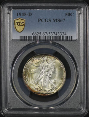 Obverse of this 1945-D Walking Liberty Half Dollar PCGS MS-67