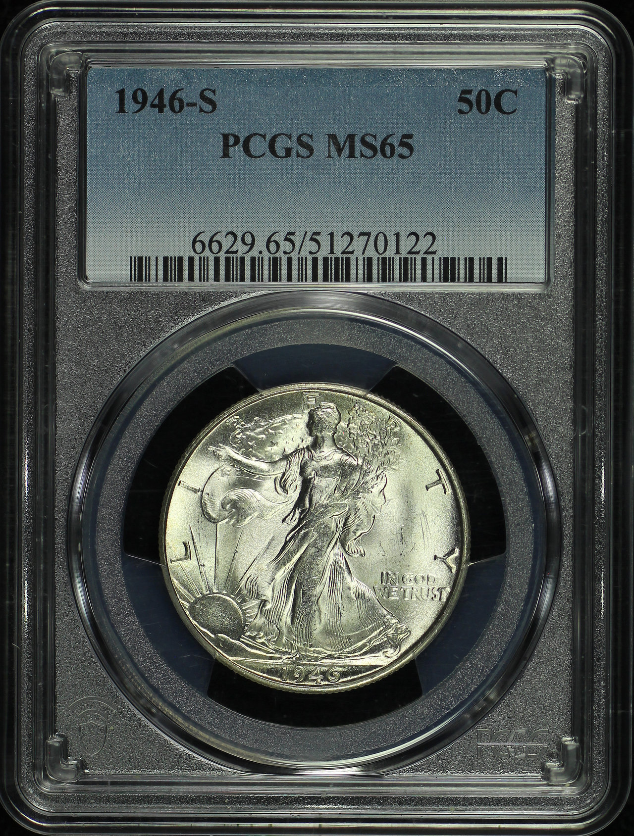 Obverse of this 1946-S Walking Liberty Half Dollar PCGS MS-65