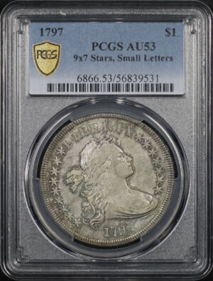 Obverse of this 1797 Draped Bust Dollar 9×7 Stars, Small Letters PCGS AU-53