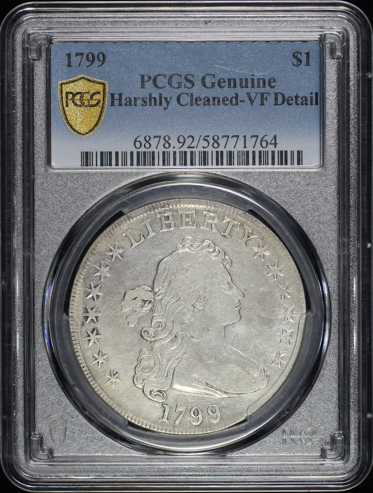 Obverse of this 1799 Draped Bust Dollar PCGS VF Details Cleaned