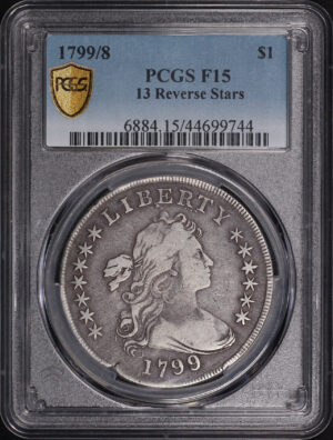 Obverse of this 1799/8 Draped Bust Dollar 13 Reverse Stars PCGS F-15