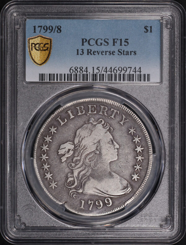 Obverse of this 1799/8 Draped Bust Dollar 13 Reverse Stars PCGS F-15