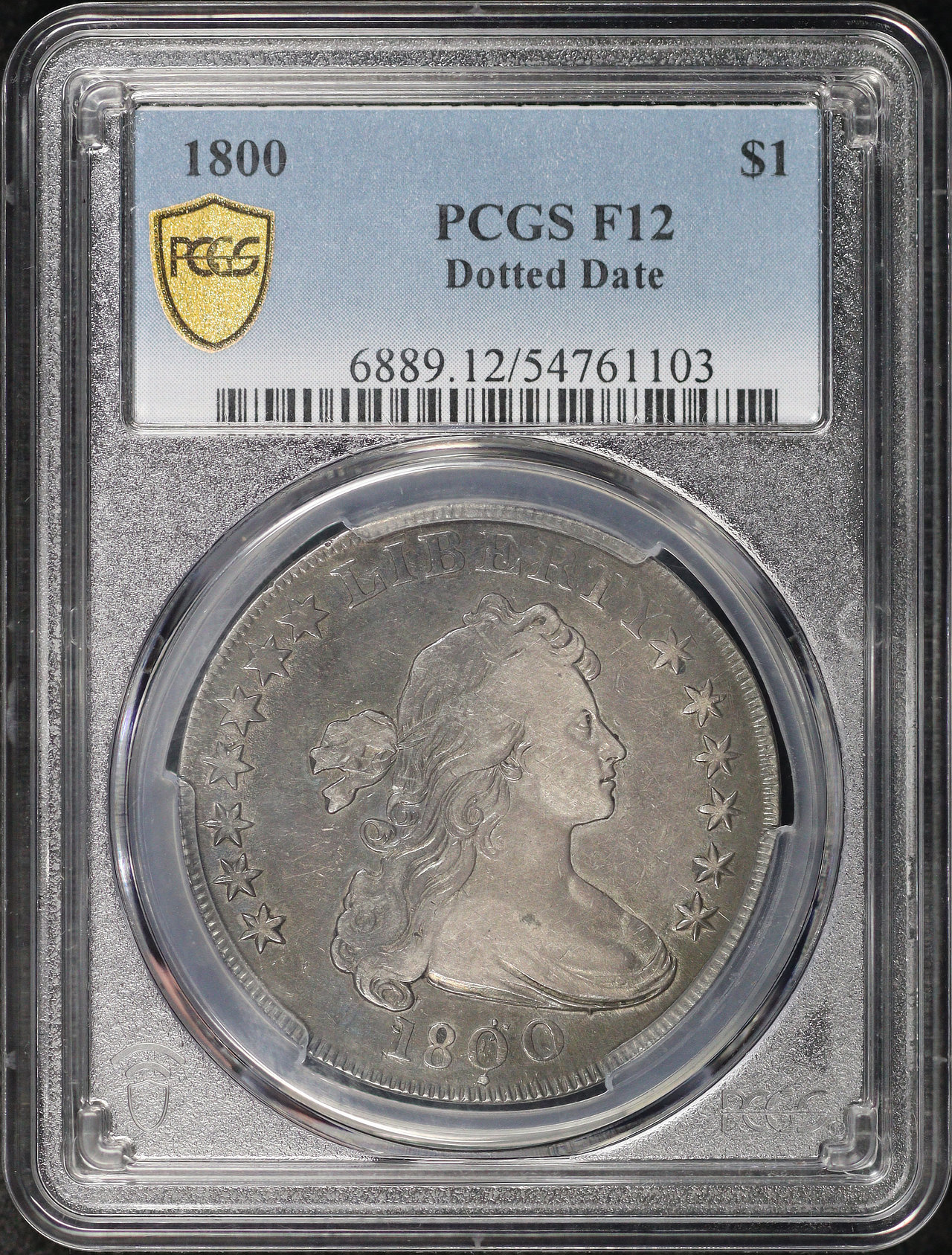 Obverse of this 1800 Dotted Date Draped Bust Dollar PCGS F-12