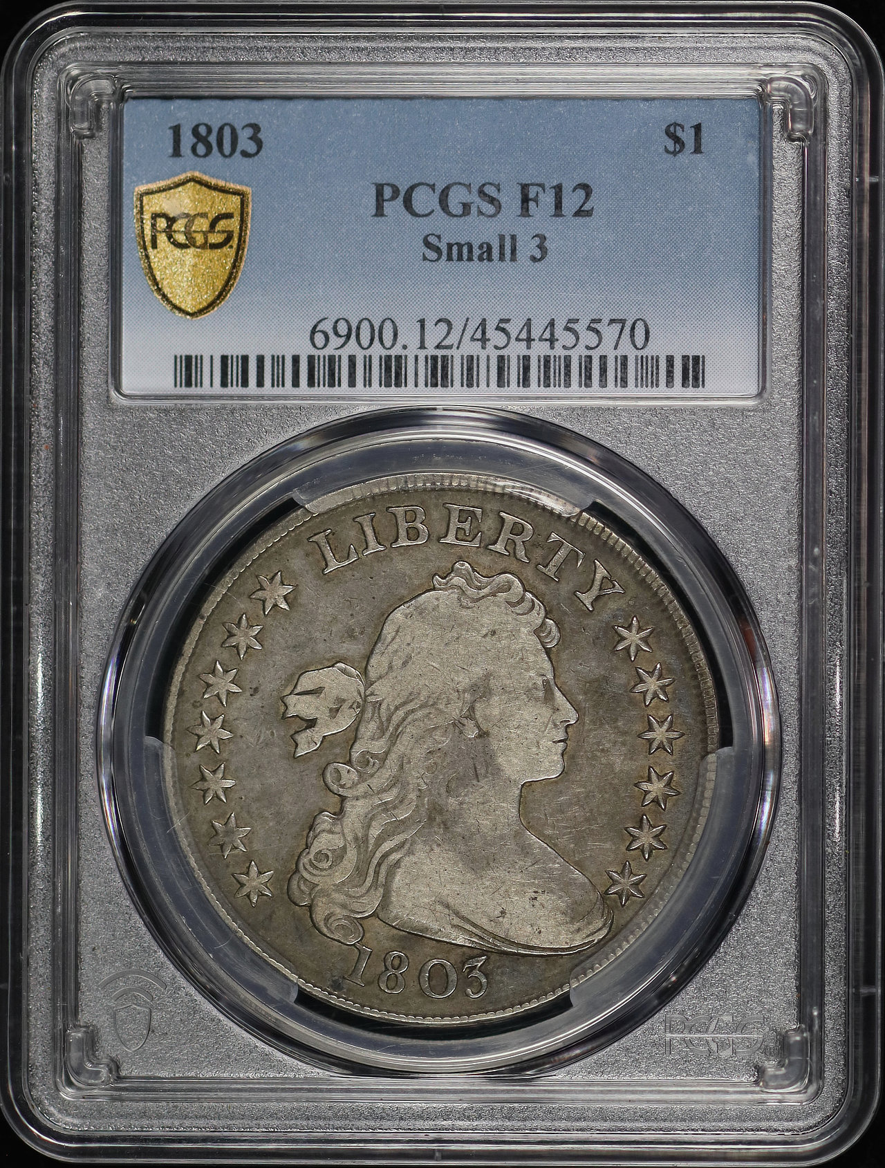 Obverse of this 1803 Draped Bust Dollar Small 3 PCGS F-12