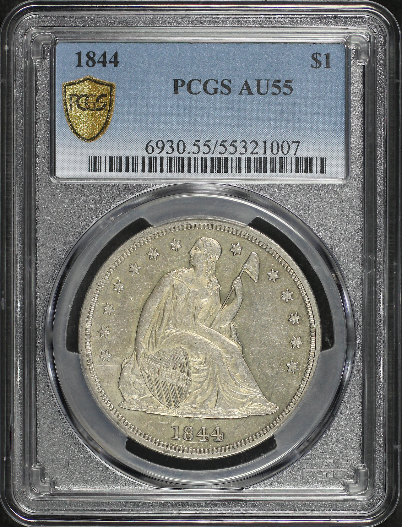 Obverse of this 1844 Liberty Seated Dollar PCGS AU-55