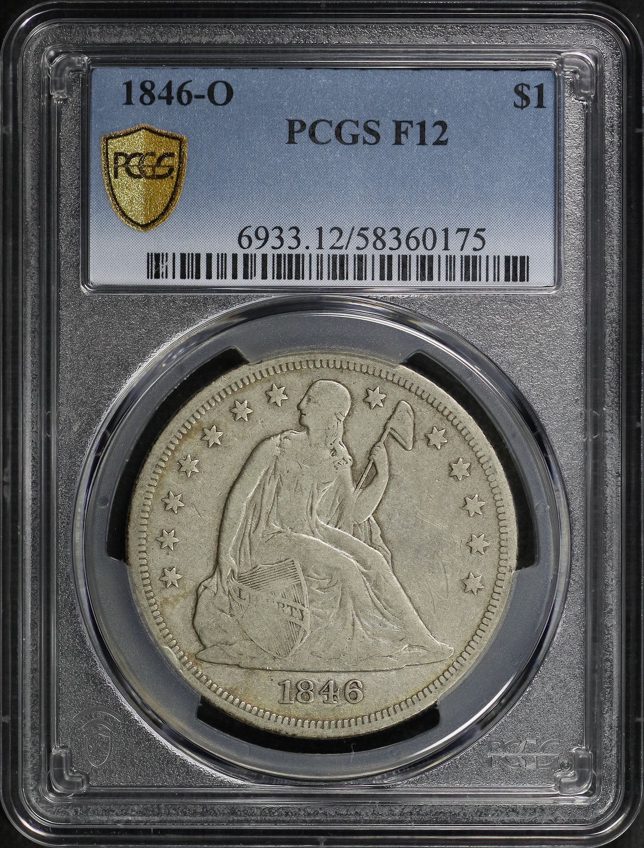 Obverse of this 1846-O Liberty Seated Dollar PCGS F-12