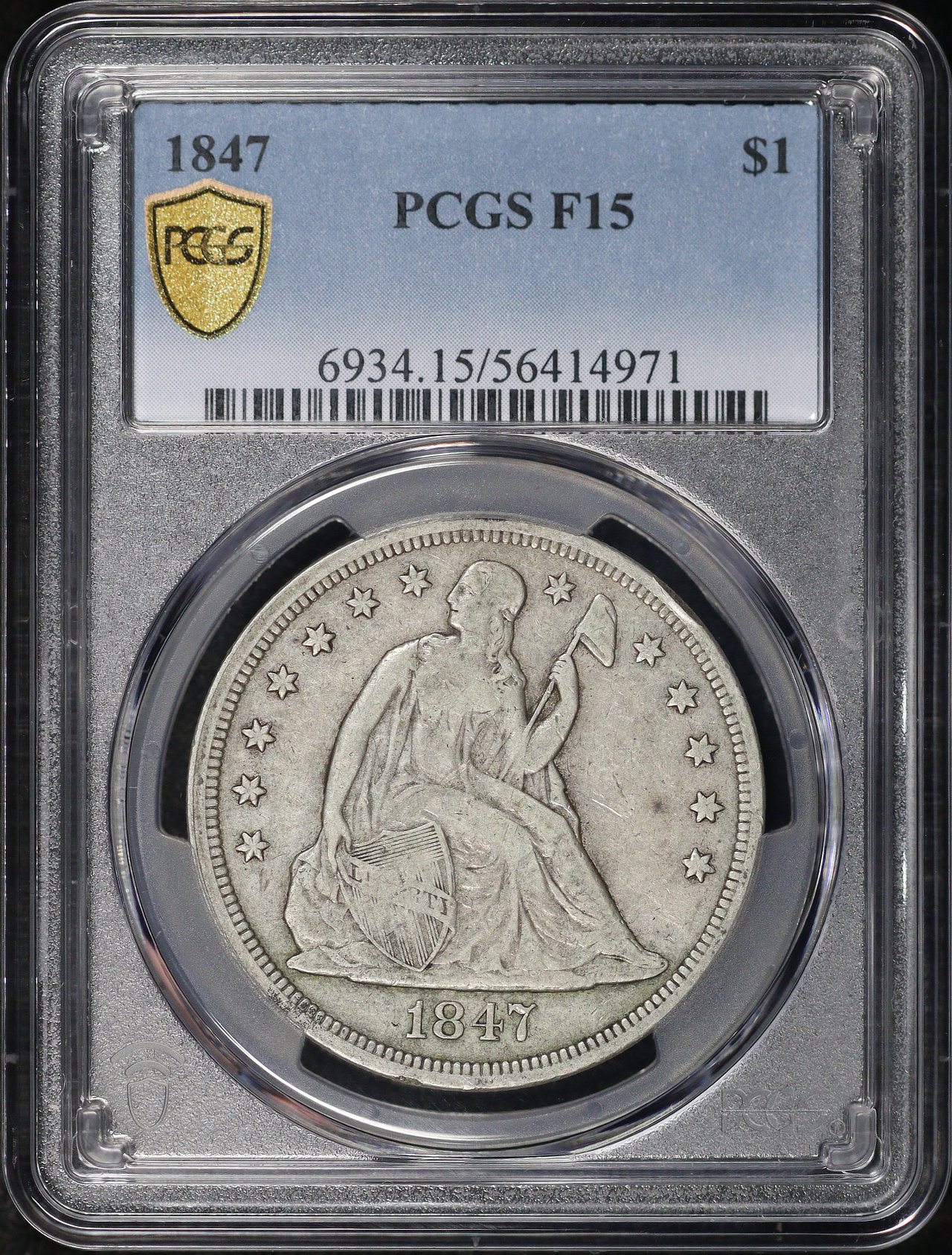 Obverse of this 1847 Liberty Seated Dollar PCGS F-15