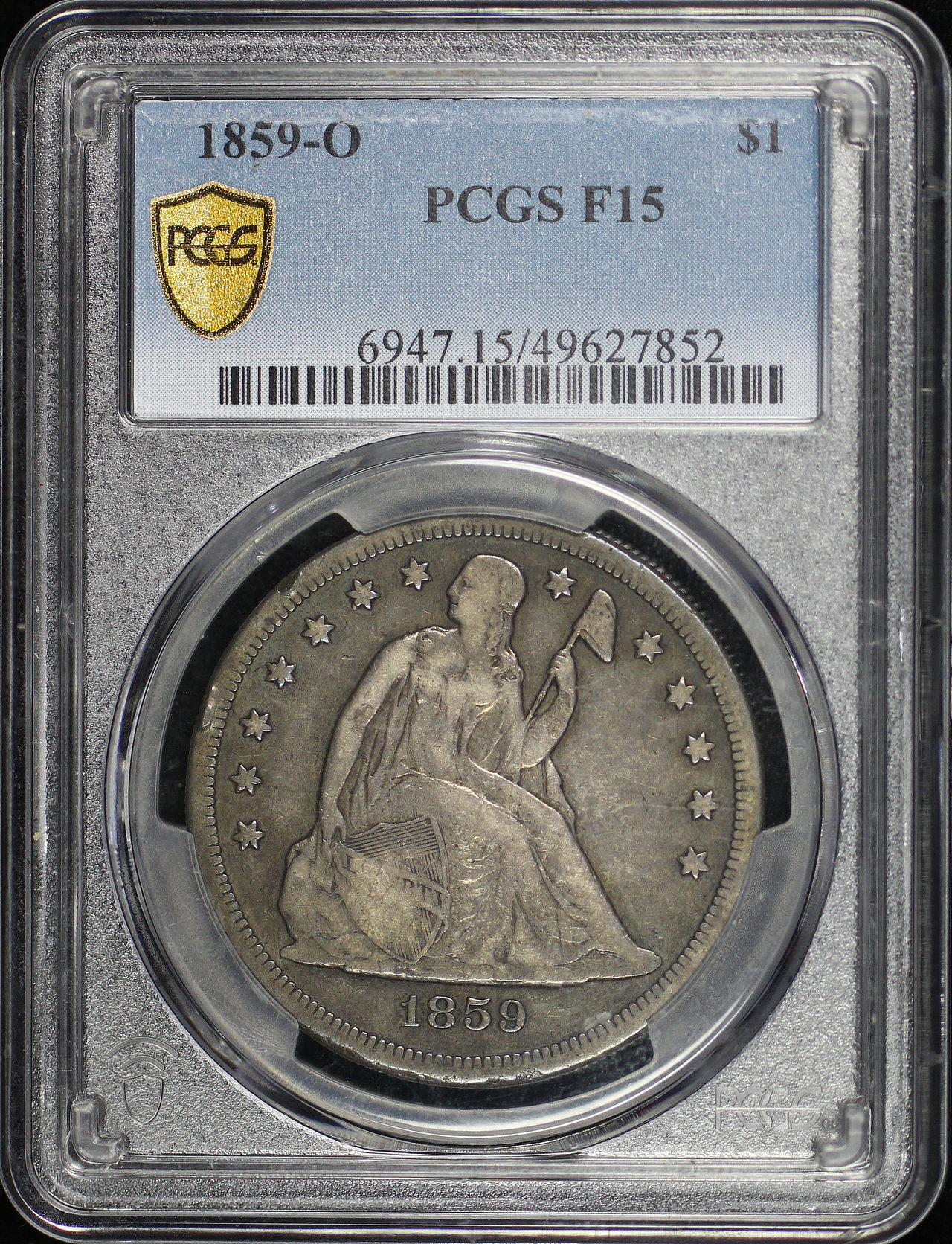 Obverse of this 1859-O Liberty Seated Dollar PCGS F-15