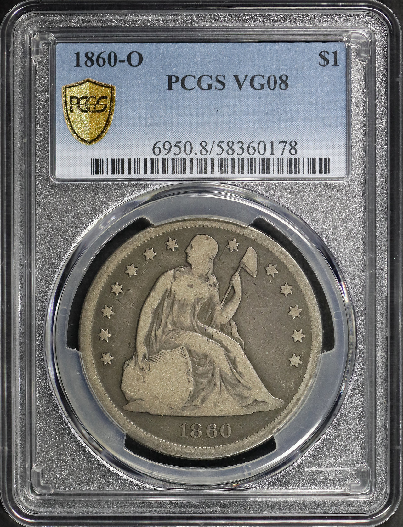 Obverse of this 1860-O Liberty Seated Dollar PCGS VG-08