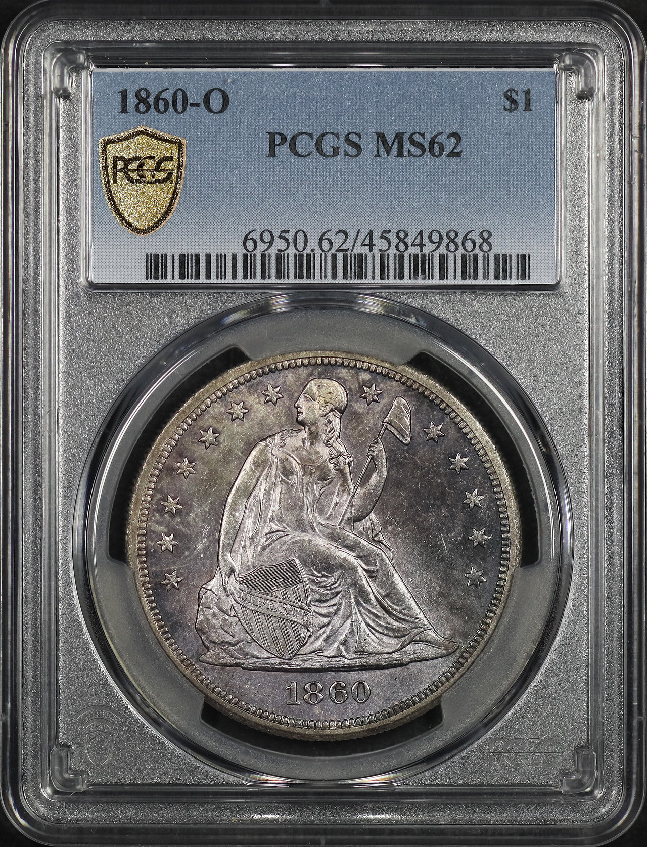 Obverse of this 1860-O Liberty Seated Dollar PCGS MS-62