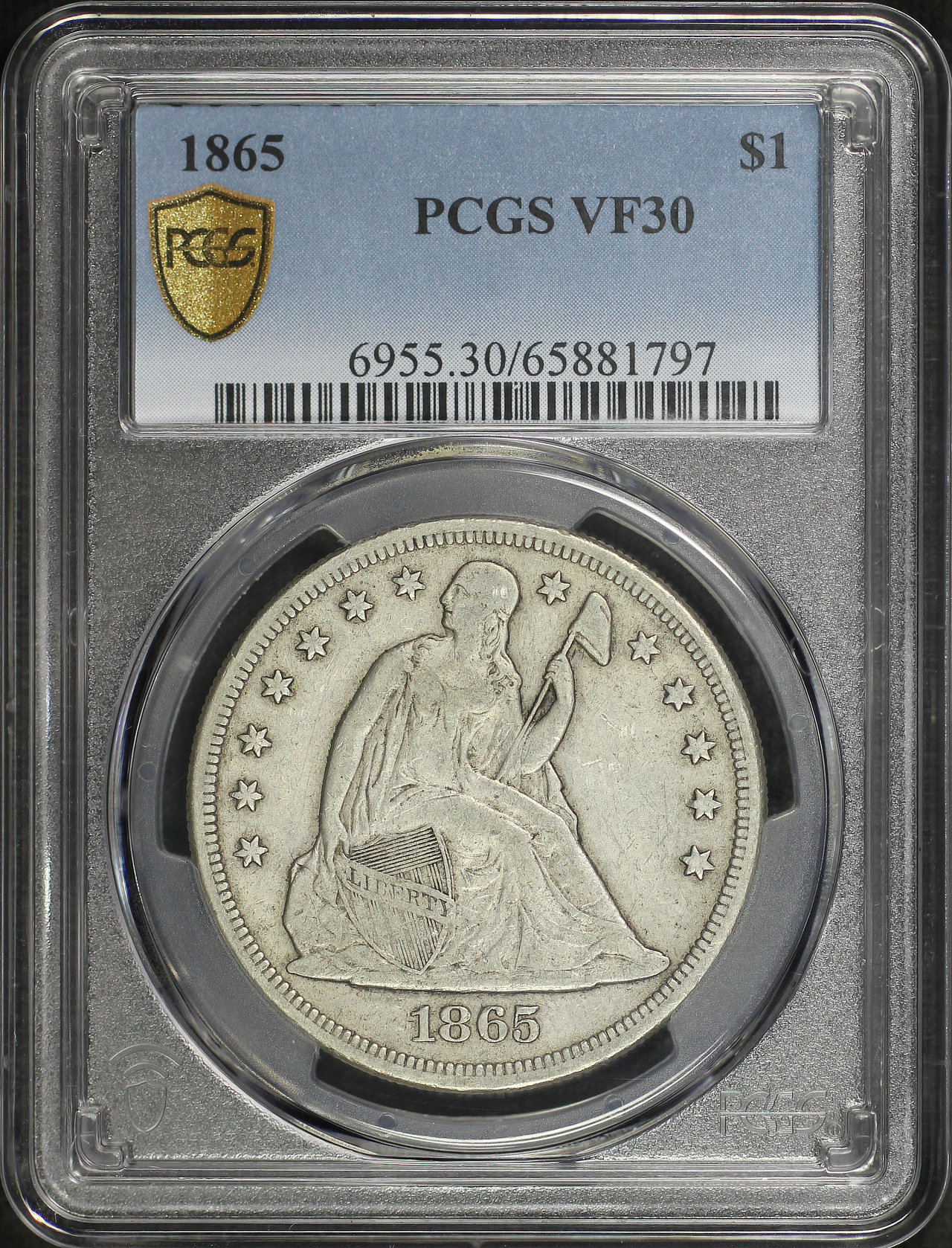 Obverse of this 1865 Liberty Seated Dollar PCGS VF-30