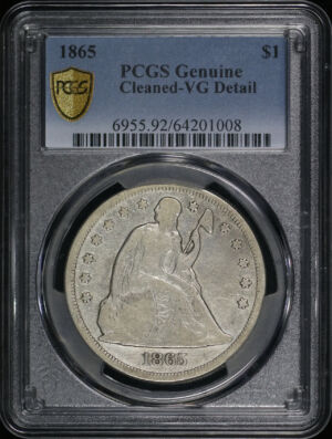 Obverse of this 1865 Liberty Seated Dollar PCGS VG Details Cleaned