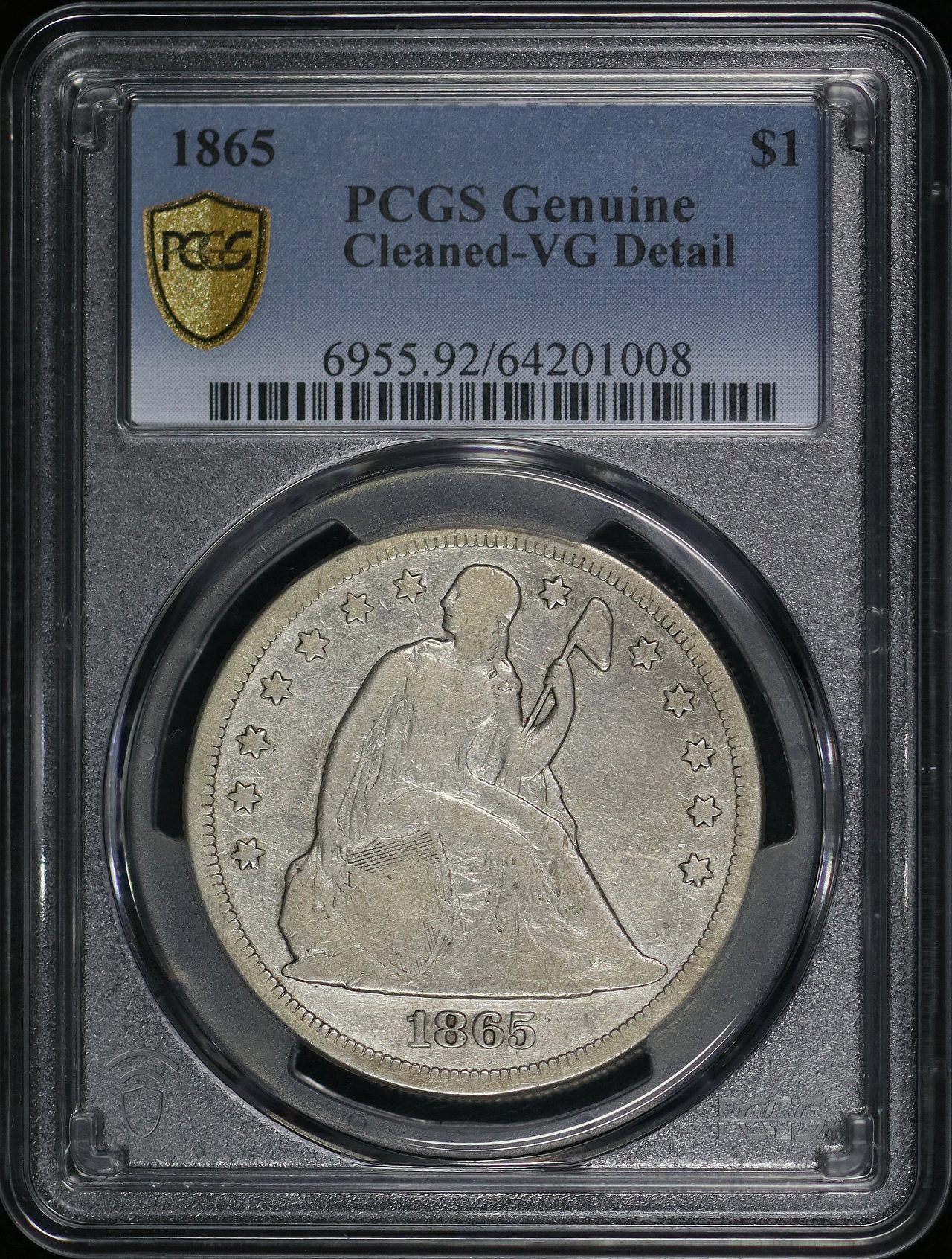 Obverse of this 1865 Liberty Seated Dollar PCGS VG Details Cleaned