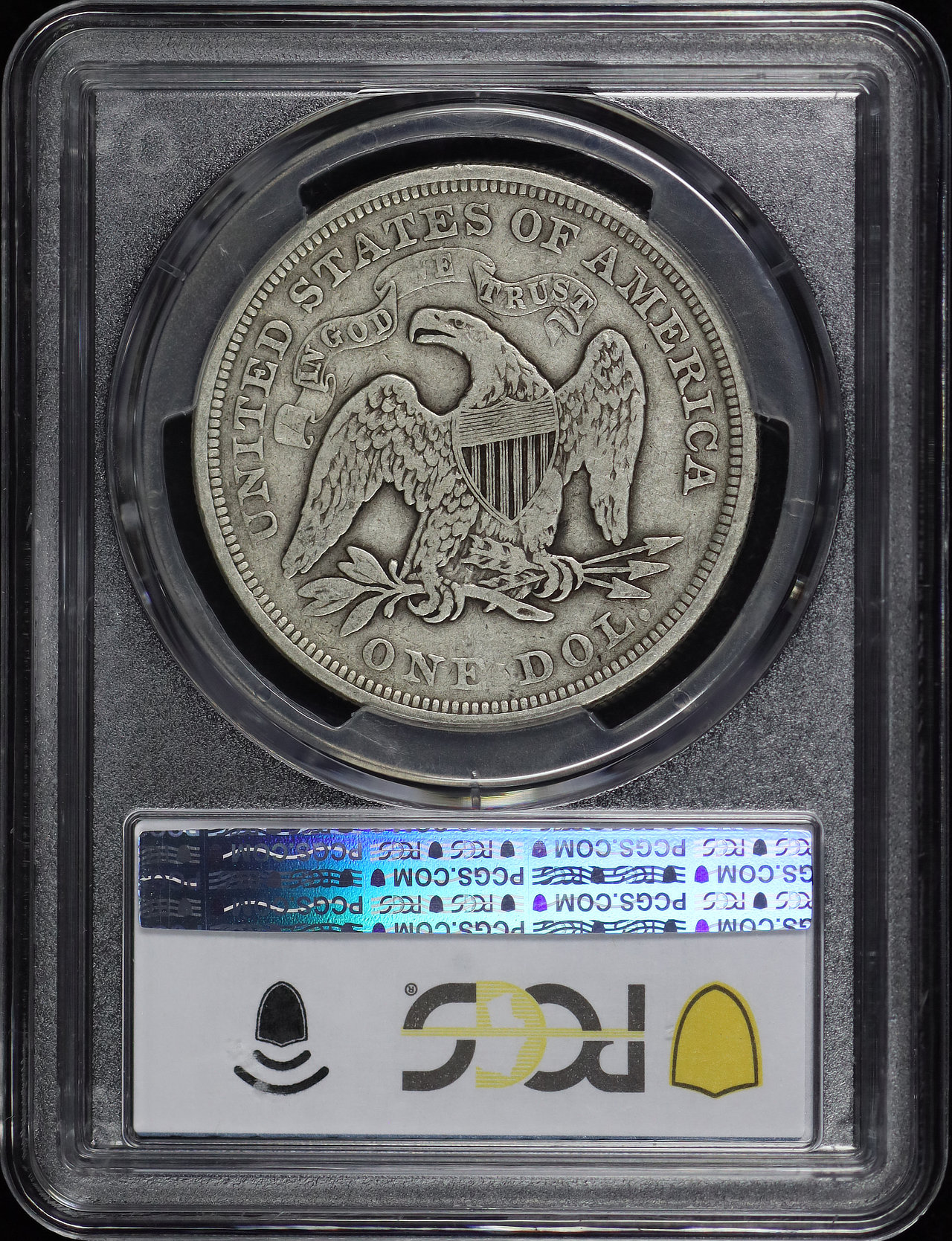 Reverse of this 1866 Liberty Seated Dollar Motto PCGS F-12