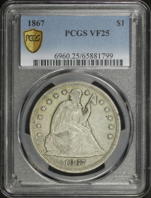 Obverse of this 1867 Liberty Seated Dollar PCGS VF-25