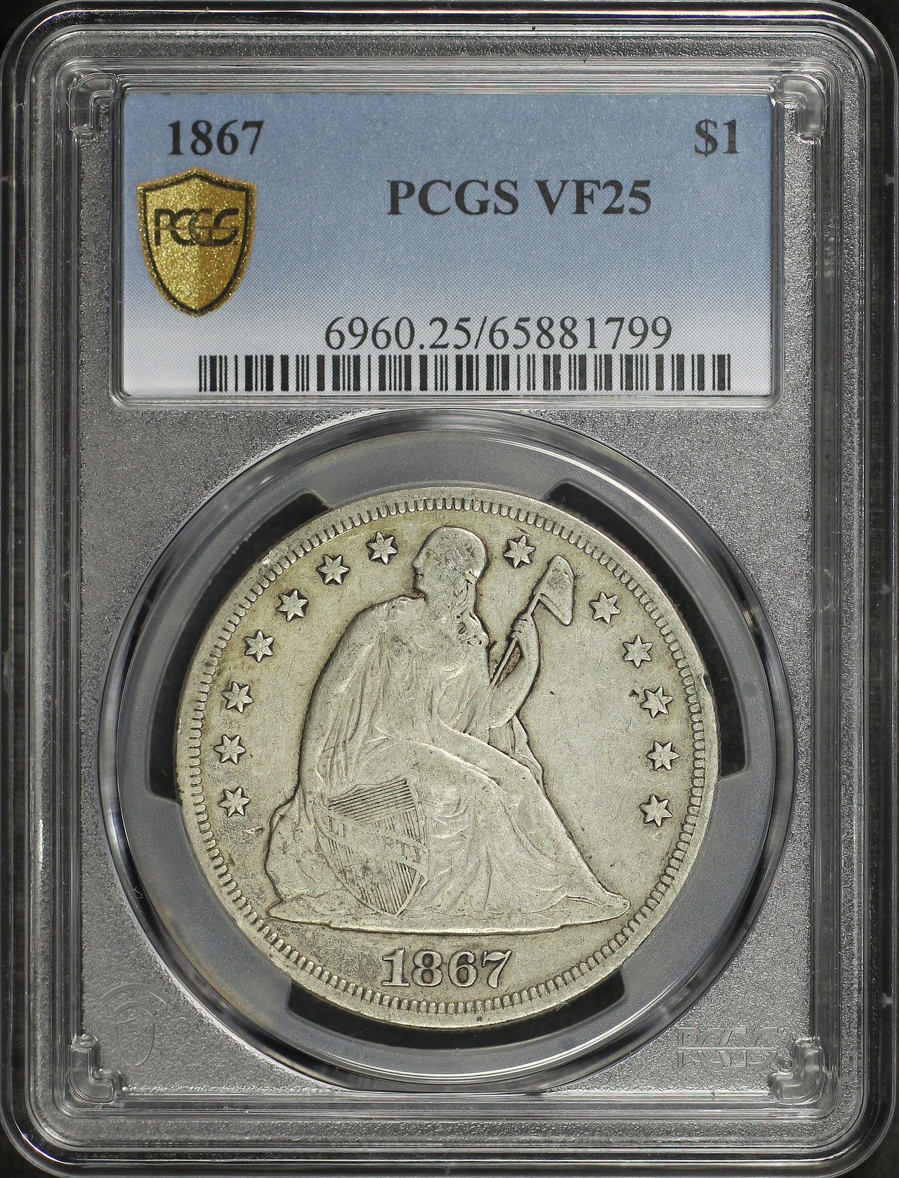 Obverse of this 1867 Liberty Seated Dollar PCGS VF-25