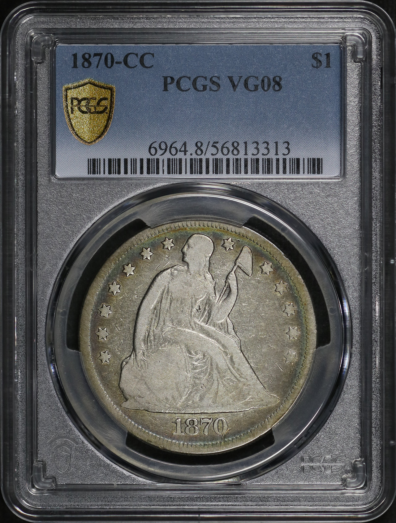 Obverse of this 1870-CC Liberty Seated Dollar PCGS VG-08