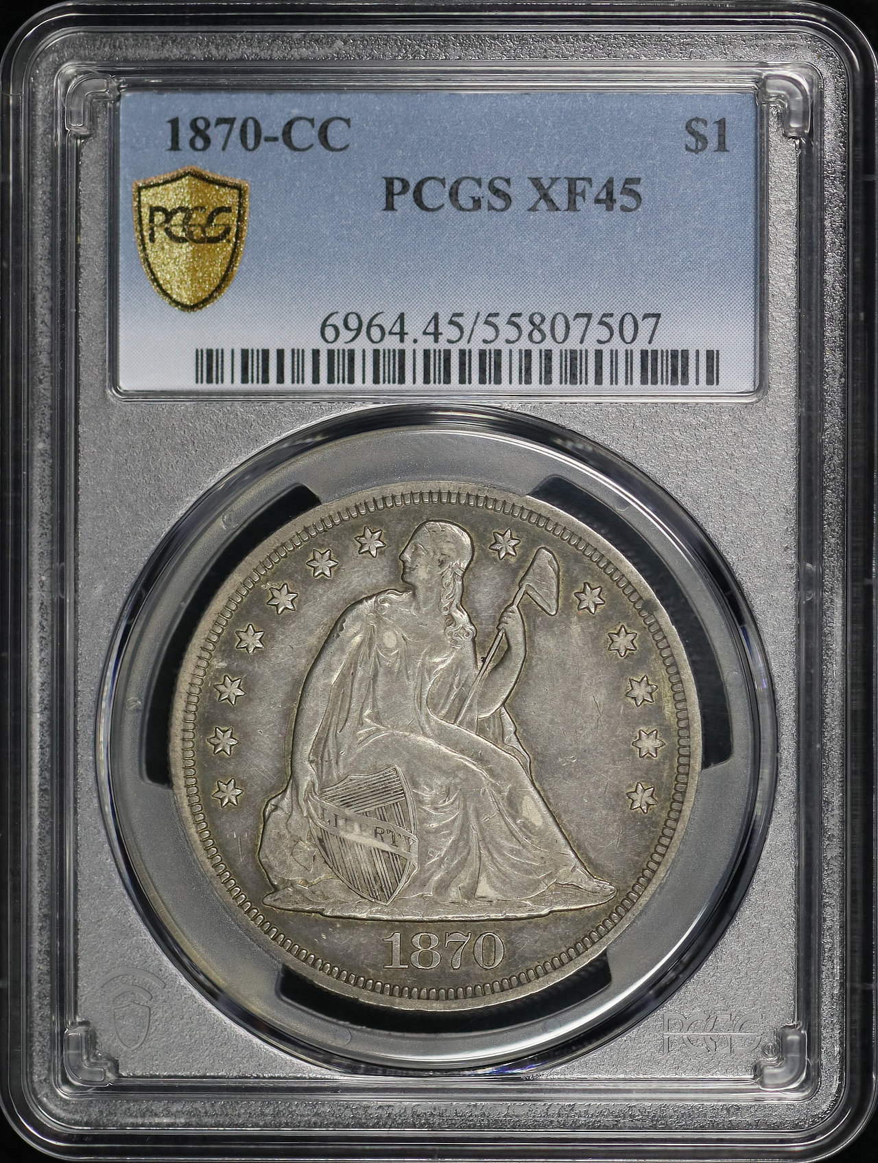 Obverse of this 1870-CC Liberty Seated Dollar PCGS XF-45