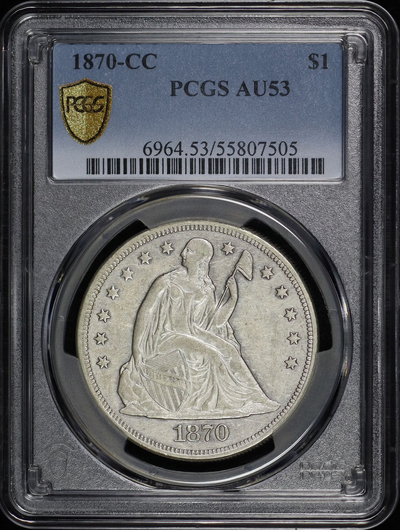Obverse of this 1870-CC Liberty Seated Dollar PCGS AU-53