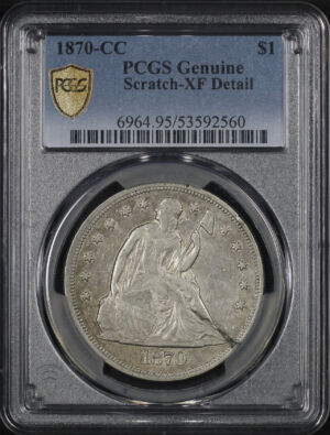 Obverse of this 1870-CC Liberty Seated Dollar PCGS XF Details Scratch