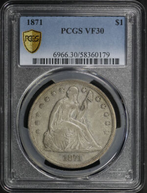 Obverse of this 1871 Liberty Seated Dollar PCGS VF-30