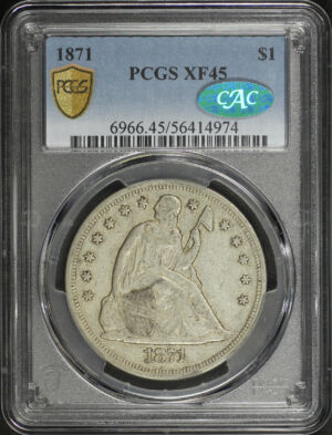 Obverse of this 1871 Liberty Seated Dollar PCGS XF-45 CAC