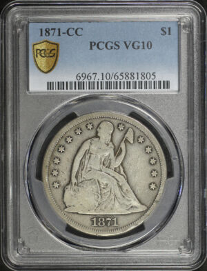 Obverse of this 1871-CC Liberty Seated Dollar PCGS VG-10