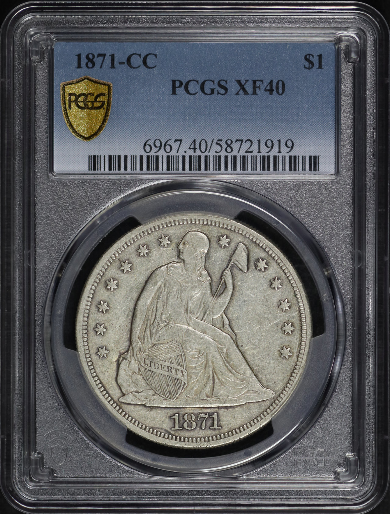 Obverse of this 1871-CC Liberty Seated Dollar PCGS XF-40