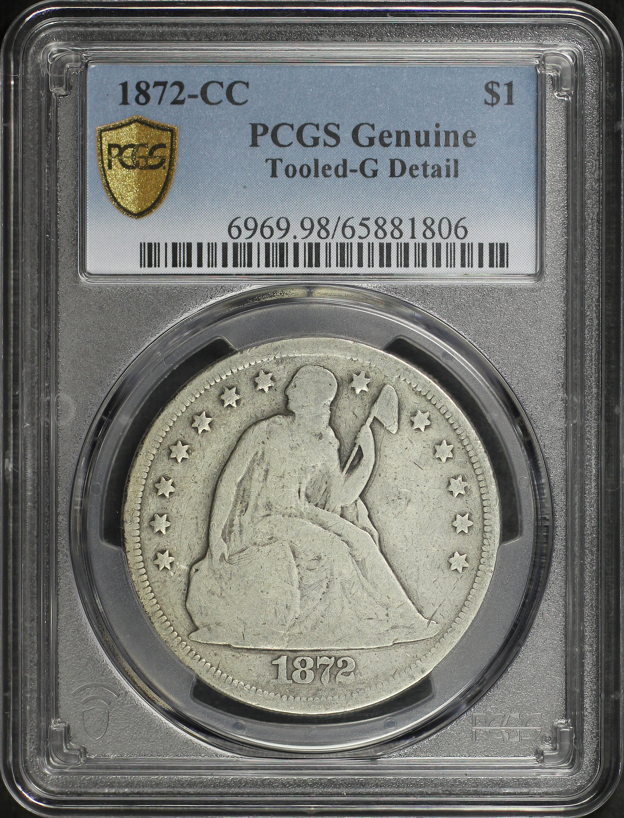 Obverse of this 1872-CC Liberty Seated Dollar PCGS G Details Tooled Damage