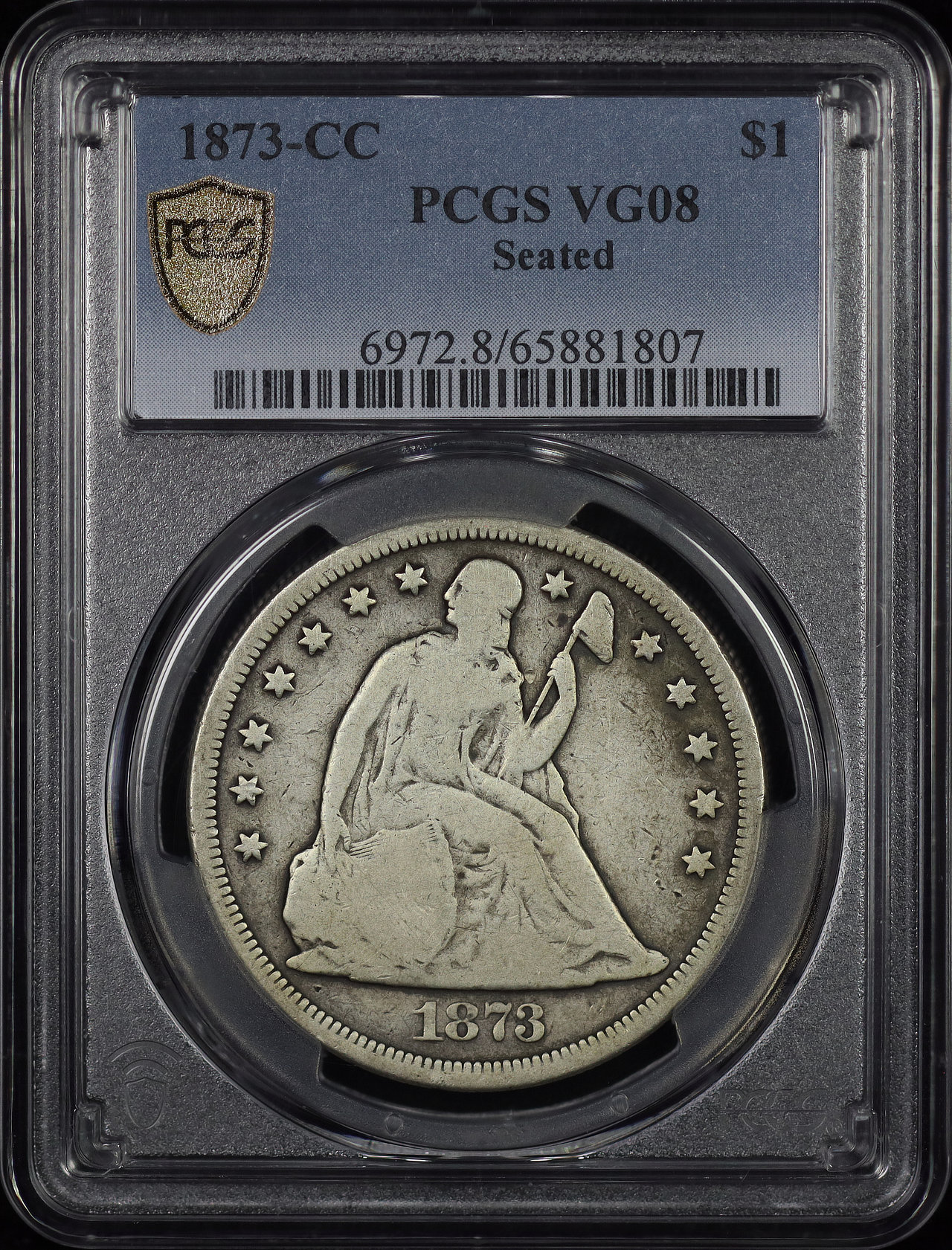 Obverse of this 1873-CC Liberty Seated Dollar PCGS VG-08