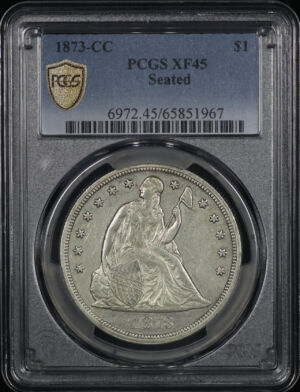 Obverse of this 1873-CC Liberty Seated Dollar PCGS XF-45