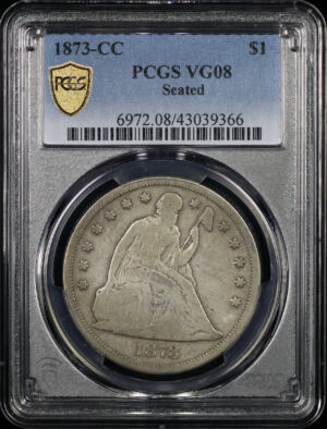 Obverse of this 1873-CC Liberty Seated Dollar PCGS VG-08